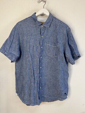 Tommy Bahama Mens Blue Linen Short Sleeve Button Up Camp Shirt Large Casual NWOT